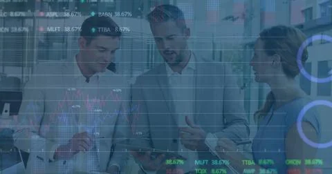 Image of statistical data processing over diverse businesspeople discussing Foto stock