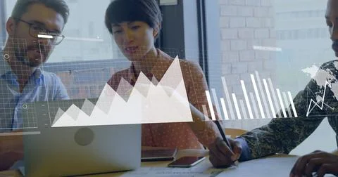 Image of statistical data processing over diverse man and woman discussing over Stock Photos