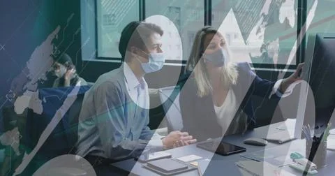 Image of statistical data processing over diverse man and woman discussing at Stock Photos