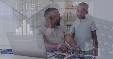 Image of statistical data processing over african american man talking to his Stock Photos