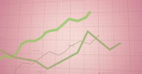 Image of statistical data processing over grid network against pink background 스톡 사진