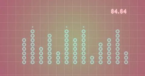 Image of statistical data processing over grid network against pink background Foto stock