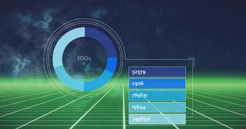 Image of statistical data processing over green grid network against blue Stock Photos