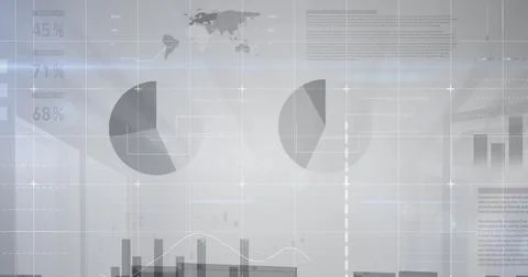 Image of statistical data processing over grid network against grey background Stock Photos