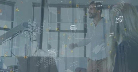 Image of statistical data processing over biracial man high fiving his colleague Stock Photos