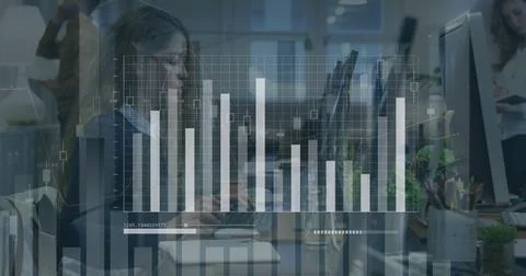 Image of statistical data processing over biracial woman using computer at Stock Photos