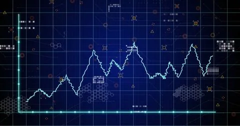 Image of statistical data processing over grid network against blue background 스톡 사진