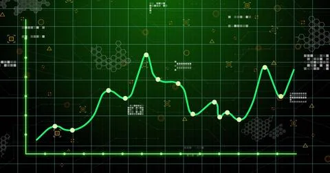Image of statistical data processing over grid network against green background Stock Photos