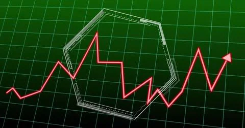 Image of statistical data processing over grid network and hexagon against green Stock Photos