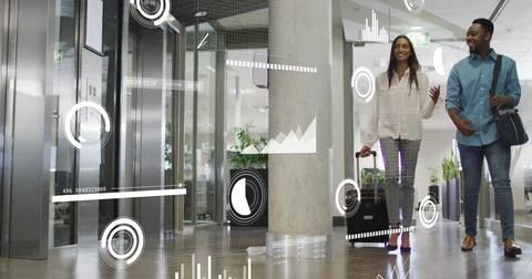 Image of statistical data processing over diverse man and woman discussing Stock Photos