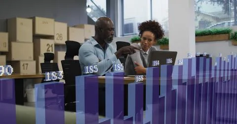 Image of statistical data processing over diverse man and woman discussing over Stock Photos