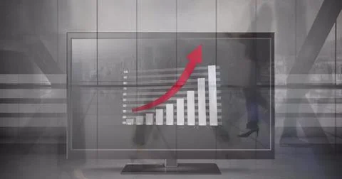 Image of statistical data processing over computer screen against people walking Stock Photos