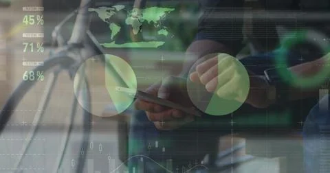 Image of statistical data processing over mid section of man using a smartphone Stock Photos