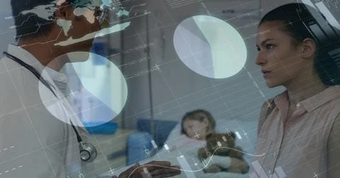 Image of statistical data processing over male doctor talking to worried mother Foto stock