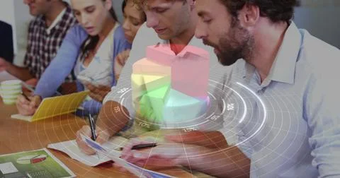 Image of statistical data processing over two caucasian men discussing over Stock Photos