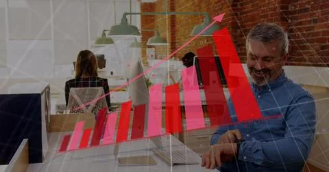 Image of statistical data processing over caucasian man using smartwatch at Stock Photos