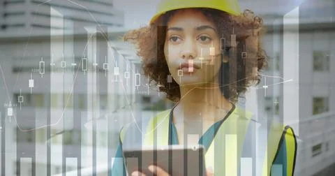Image of statistical data processing over female architect using digital tablet Stock Photos