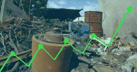Image of statistical data processing over aerial view of scrap at junkyard Stock Photos