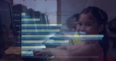 Image of statistical data processing over hispanic girl using computer at school Foto stock
