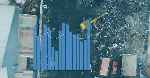 Image of statistical data processing over aerial view of scrap at junkyard Stock Photos