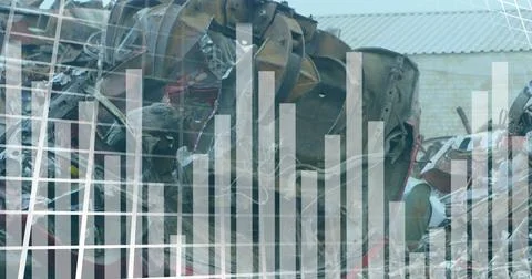 Image of statistical data processing over crane operating at junkyard Foto stock