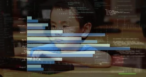 Image of statistical data processing over portrait of asian boy using computer 스톡 사진