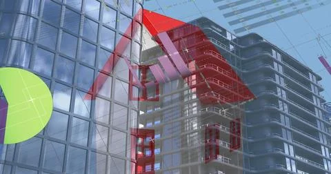 Image of statistical data processing over house icon against tall buildings Stock Photos