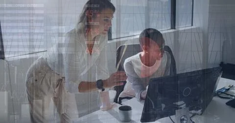 Image of statistical data processing over two diverse female colleagues Stock Photos