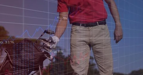 Image of statistical market data processing over caucasian man picking a golf 스톡 사진
