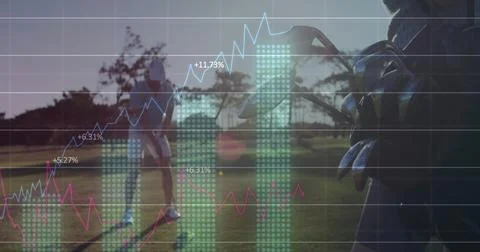 Image of statistical market data processing against man playing golf at the golf Stock Photos