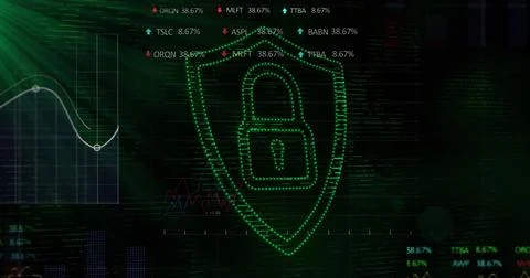 Image of statistical, stock market data processing, security padlock icon and Stock Illustration