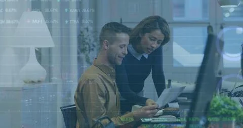 Image of statistical, stock market data processing over diverse man woman Stock Illustration