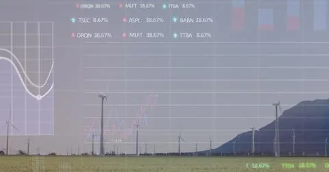 Image of statistical, stock market data processing over spinning windmills on Stock Photos