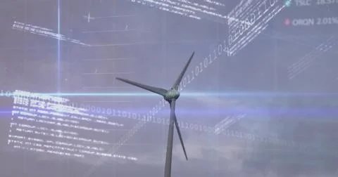 Image of statistical, stock market data processing over spinning windmill Stockfoto's