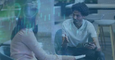 Image of statistical, stock market data processing on diverse man and woman Foto stock