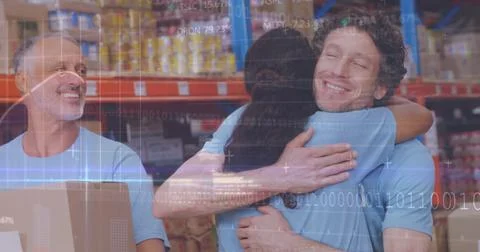 Image of statistics and binary coding data processing over diverse voluntee.. Foto stock