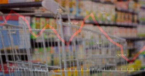 Image of statistics and data processing with red line over empty shopping 스톡 일러스트