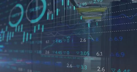 Image of statistics and data processing over tech room with computer servers Stock Illustration