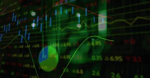 Image of statistics and data processing over green lights of computer servers Stock Illustration