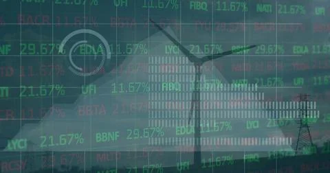 Image of statistics and data processing over wind turbine in countryside Stock Illustration