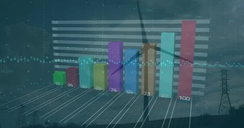 Image of statistics and data processing over wind turbine in countryside Stock Illustration