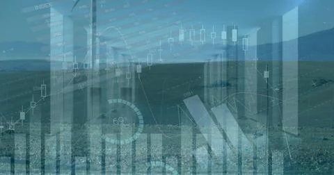 Image of statistics and data processing over wind turbine on wearing empty 스톡 일러스트