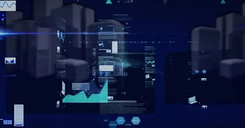 Image of statistics and data processing over 3d cityscape イラスト素材