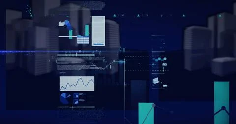 Image of statistics and data processing over 3d cityscape Stockillustratie