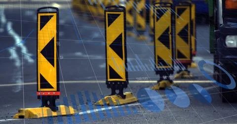 Image of statistics and data processing over man using computer and city street Stock Illustration