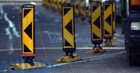 Image of statistics and data processing over man using computer and city street イラスト素材