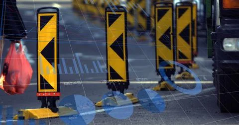 Image of statistics and data processing over man using computer and city street Stock Illustration