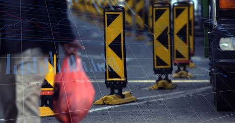 Image of statistics and data processing over man using computer and city street Stock Illustration