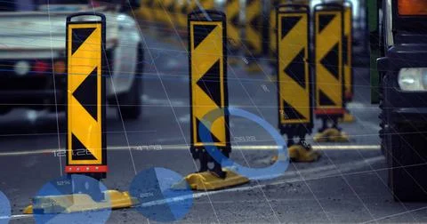 Image of statistics and data processing over man using computer and city street Illustrazione stock