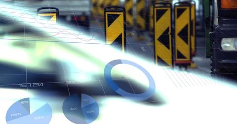 Image of statistics and data processing over man using computer and city street Illustrazione stock